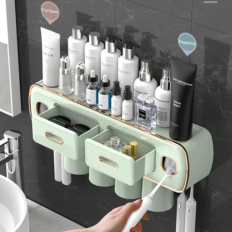 Magnetic Adsorption Toothbrush Holder Inverted Wall-Mounted Toothbrush Rack Double Squeezer Multifunctional Storage Rack