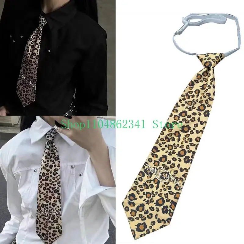 

652F Women's School Uniform Tie Harajuku Leopard Pattern Vintage Pre Tied Necktie