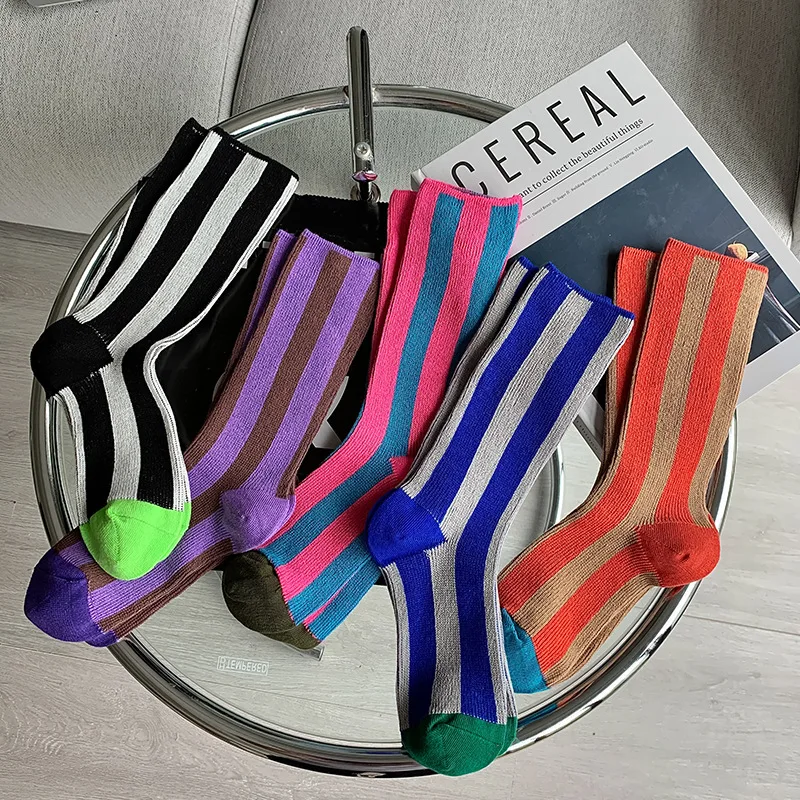 Striped Women's Spring and Fall Thin Mid-tube Socks Matching Color Striped Tidal Socks Color Striped Casual Cotton Stockings