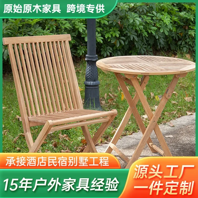 Solid Teak Wood Folding Beach Lounge Chair Outdoor Backrest Dining Seat Simple Courtyard Balcony Furniture for Family Lunch