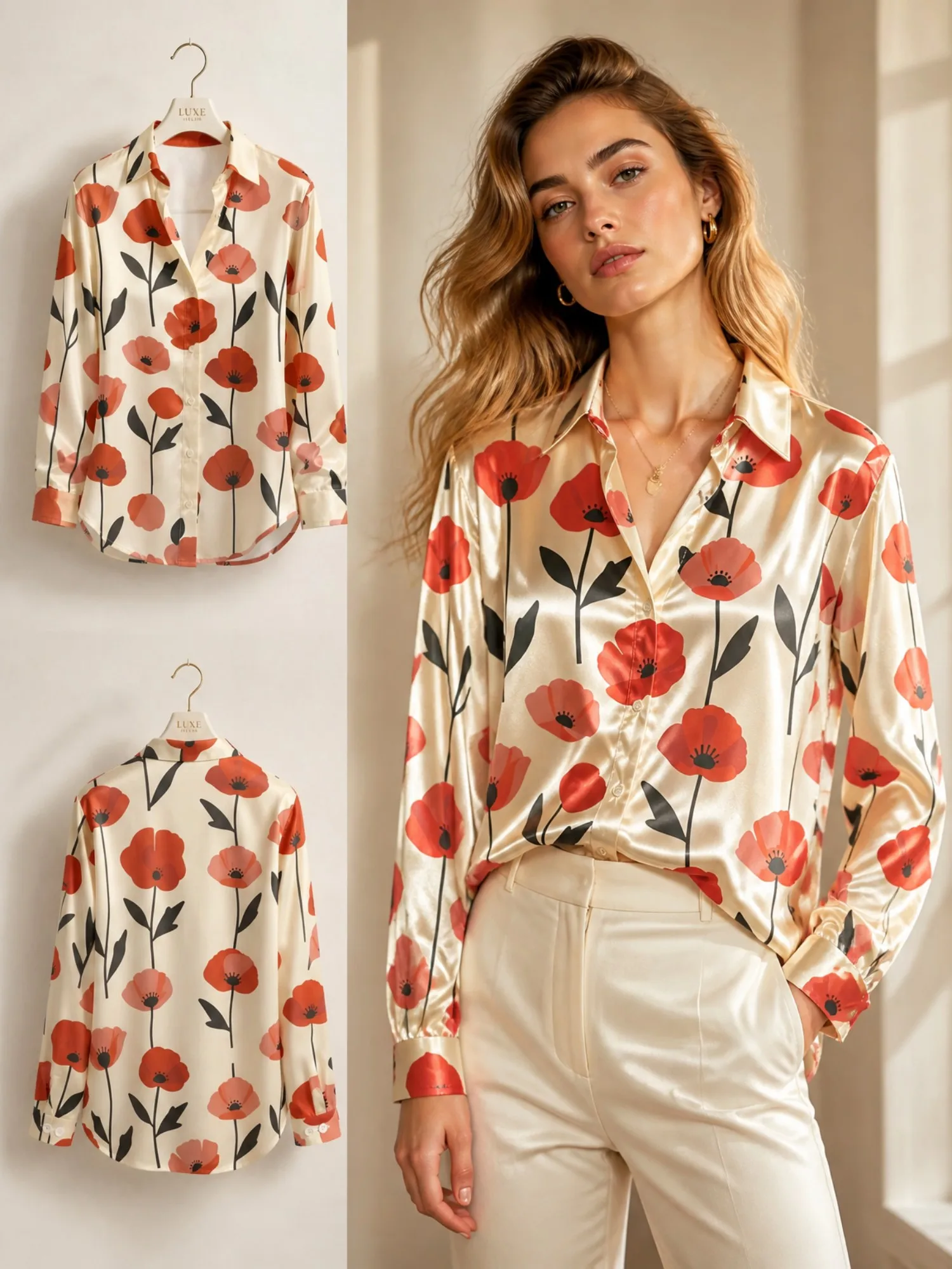 

Champagne Red Poppy Satin Blouse for Women Long Sleeve Button Down Shirt Botanical Office Casual Elegant Silky Fashion Top New