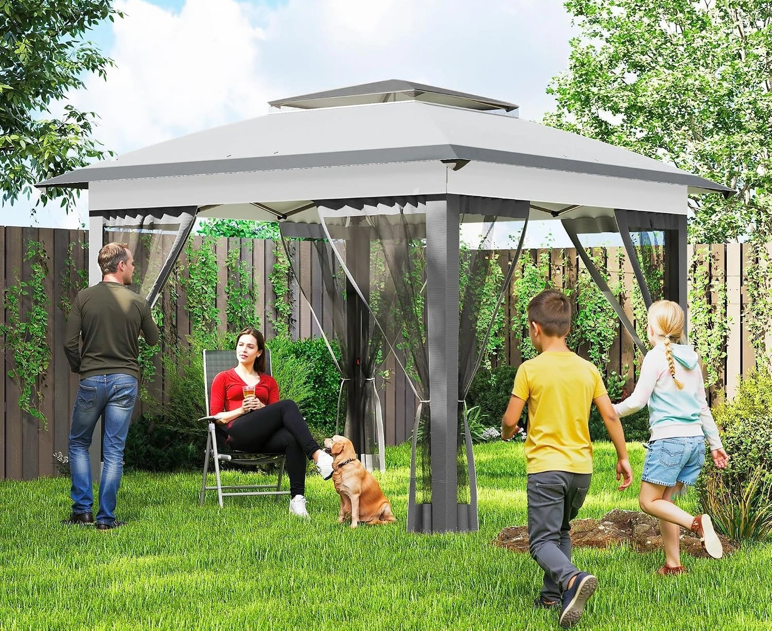Pop Up Canopy Tent Netting & Carry Bag, 137 sq.ft Shade Area, 2-Tier Vented Gazebo 3-Level Adjustable Height for Patio