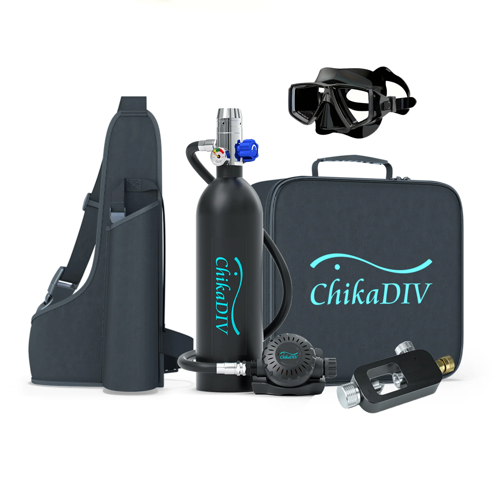 chikadiv 1L Diving Cylinder Kit with Diving Glasses and Scuba Adapter, for about 15 minutes of use at 10 meters underwater