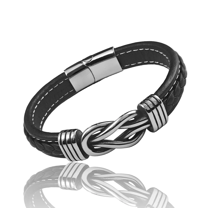 Hochwertiges Vintage Punk Herren Lederarmband mit Verschlungener Edelstahlknoten-Anhänger und Magnetverschluss, Lässiges Armband