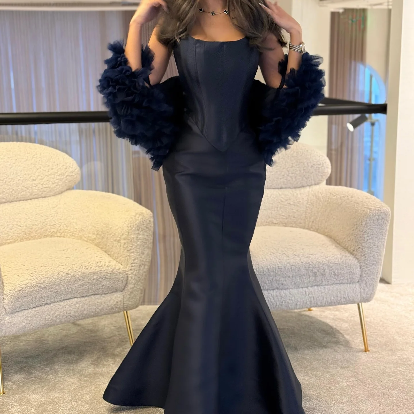 

Customized Graceful Mermaid Strapless Shawl Satin Organza Evening Dress Temperament Pleats Sweep Train Blue Vestido De Noche