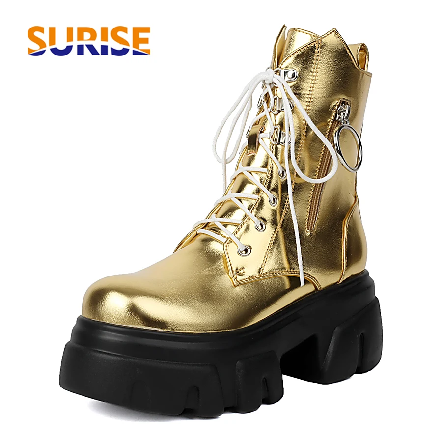 

Блестящие женские ботильоны на платформе золотого, серебряного цвета, коричневые вечерние ботильоны на высоком толстом каблуке с круглым носком, зимние женские туфли на молнии с кольцом для папы