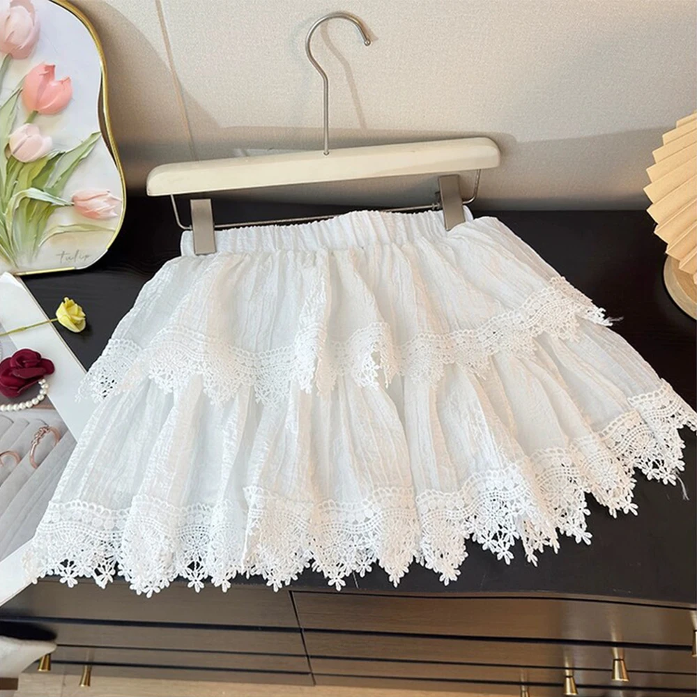 Women's White Lace Patchwork Mini Skirt Vintage 2000s High Waist Skirts Harajuku Y2k Gyaru Bow A-line Skirt Summer 2026 Clothes
