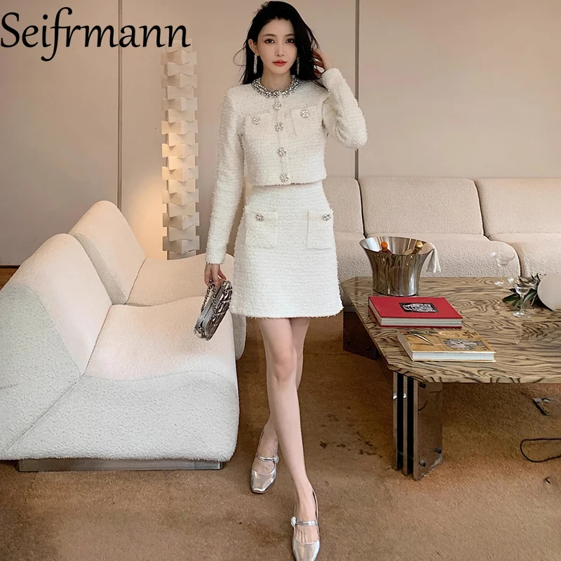 

Seifrmann 2026 Весенний женский модный комплект: вязаный кардиган с круглым вырезом и длинными рукавами + юбка-полусолнце