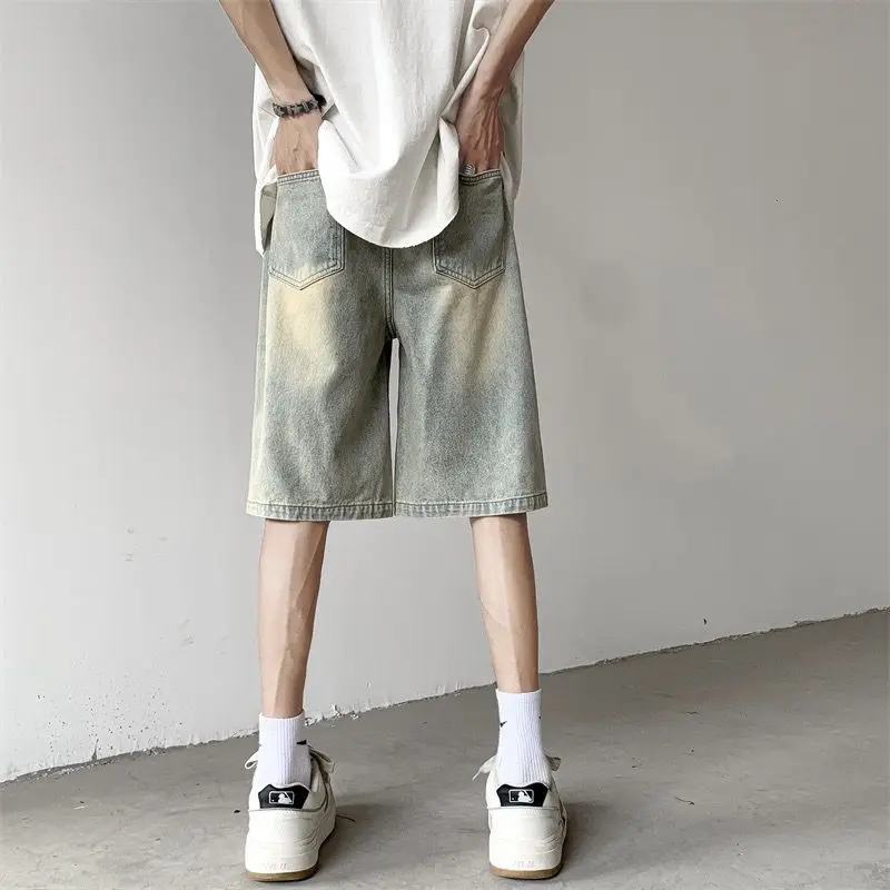 

Мужские винтажные джинсовые шорты свободного кроя с эффектом потертости, прямые, повседневные, летние