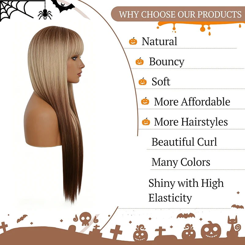 Long Straight Brown Blonde Balayage Ombre Wig For Women Air Bangs Pre Styled Fluffy Heat Resistant Synthetic Wig For Party Cos