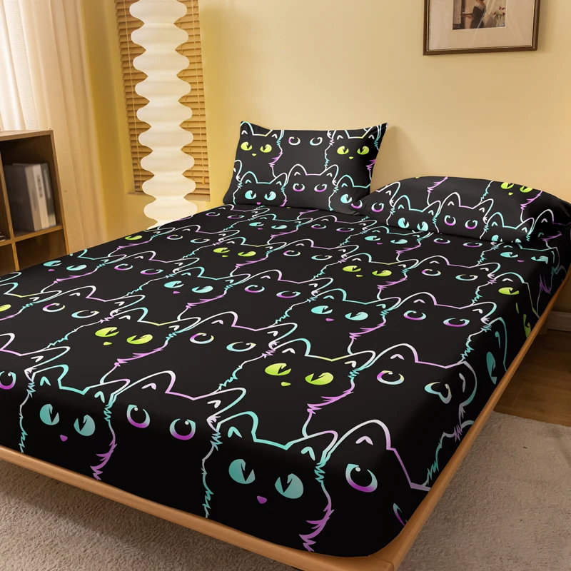 1 Simple modern animal little cat printed matte Fitted Sheet, bedroom printed bed cover, bedding (excluding pillowcases)