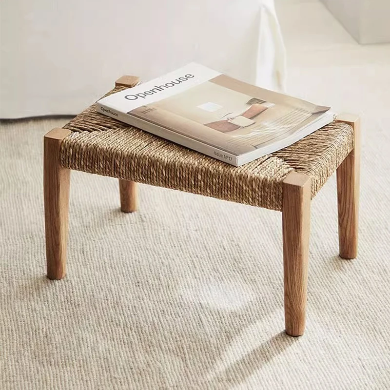 Retro Grass Woven Stool, Small Side Seat for Living Room, Entryway Shoe Bench