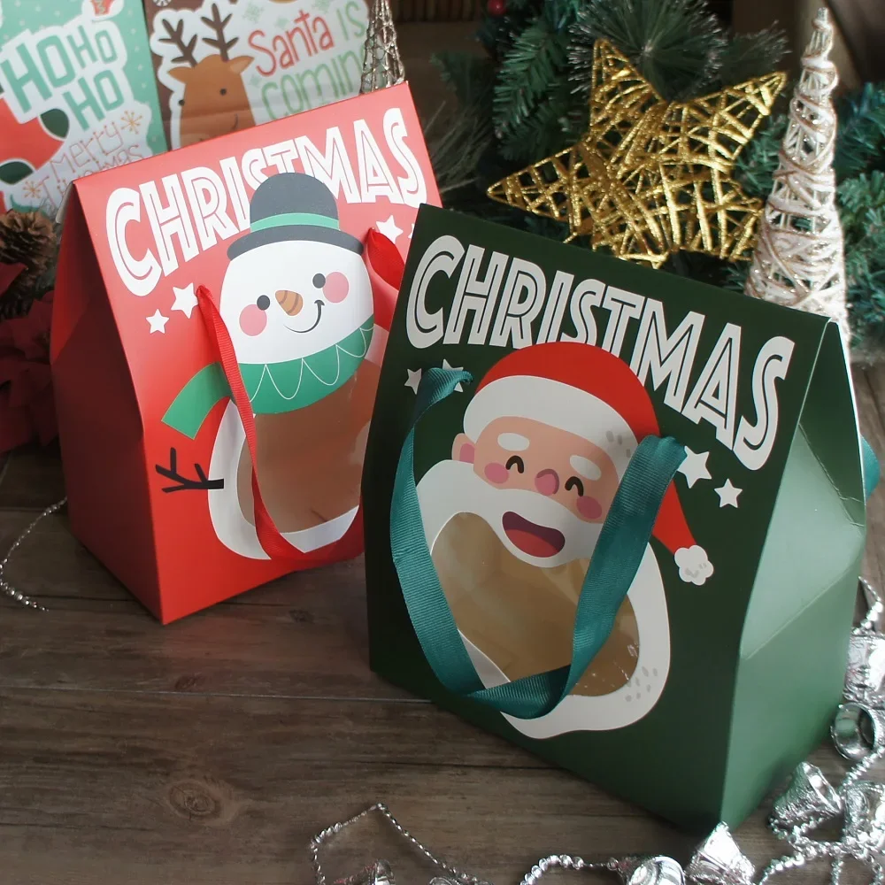 

12pcs Christmas Red Green Santa Window Paper Box with Handle As Candy Soap Candle Cookie Gift Packaging Party Favors Decor