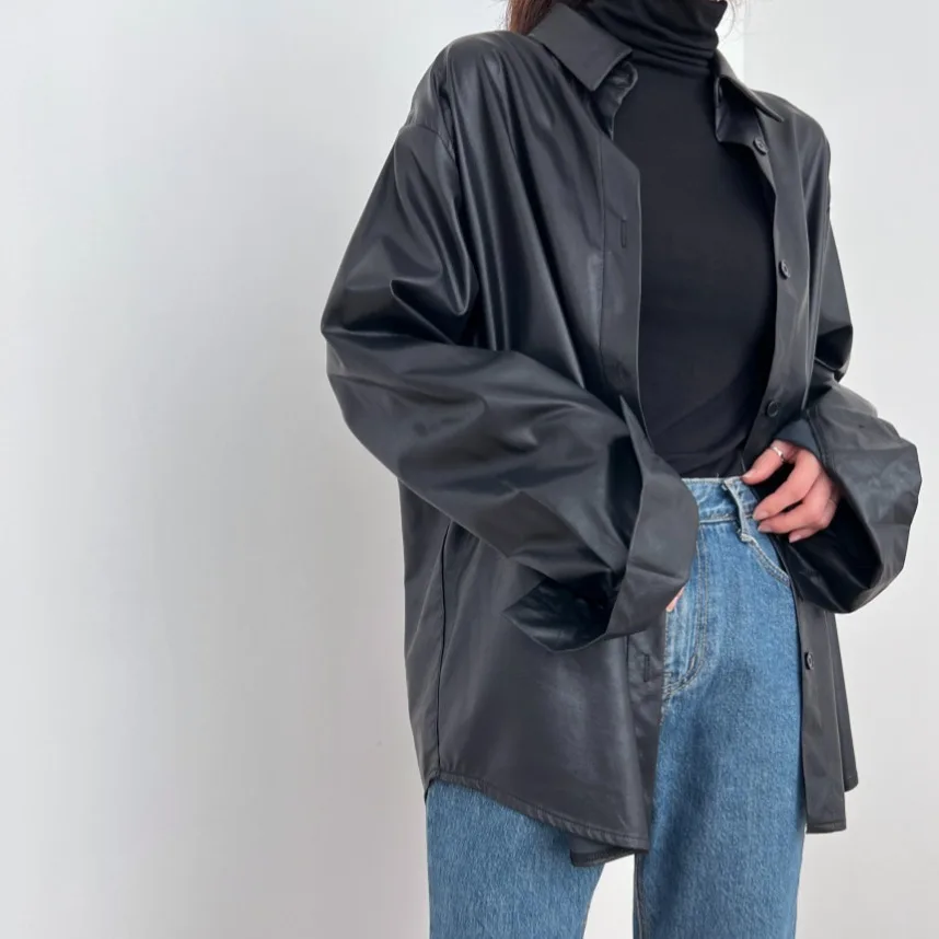 

Весенняя модная простая кожаная куртка с воротником и одной пуговицей в корейском стиле для женщин, повседневная верхняя одежда