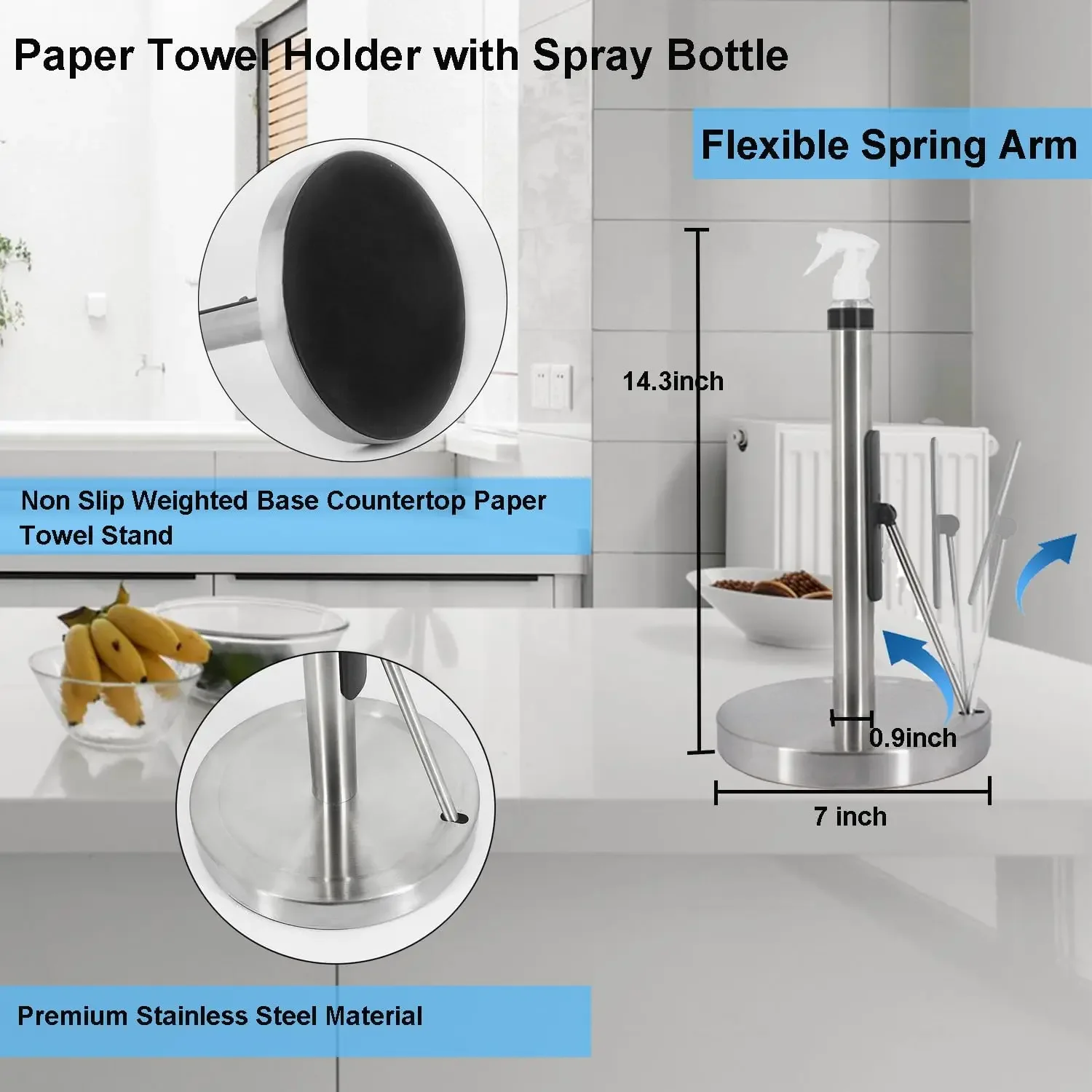 Kitchen Paper Towel Holder Stainless Steel Countertop Toilet Tissue Roll Holders Stand with Spray Bottle for Kitchen Bathroom