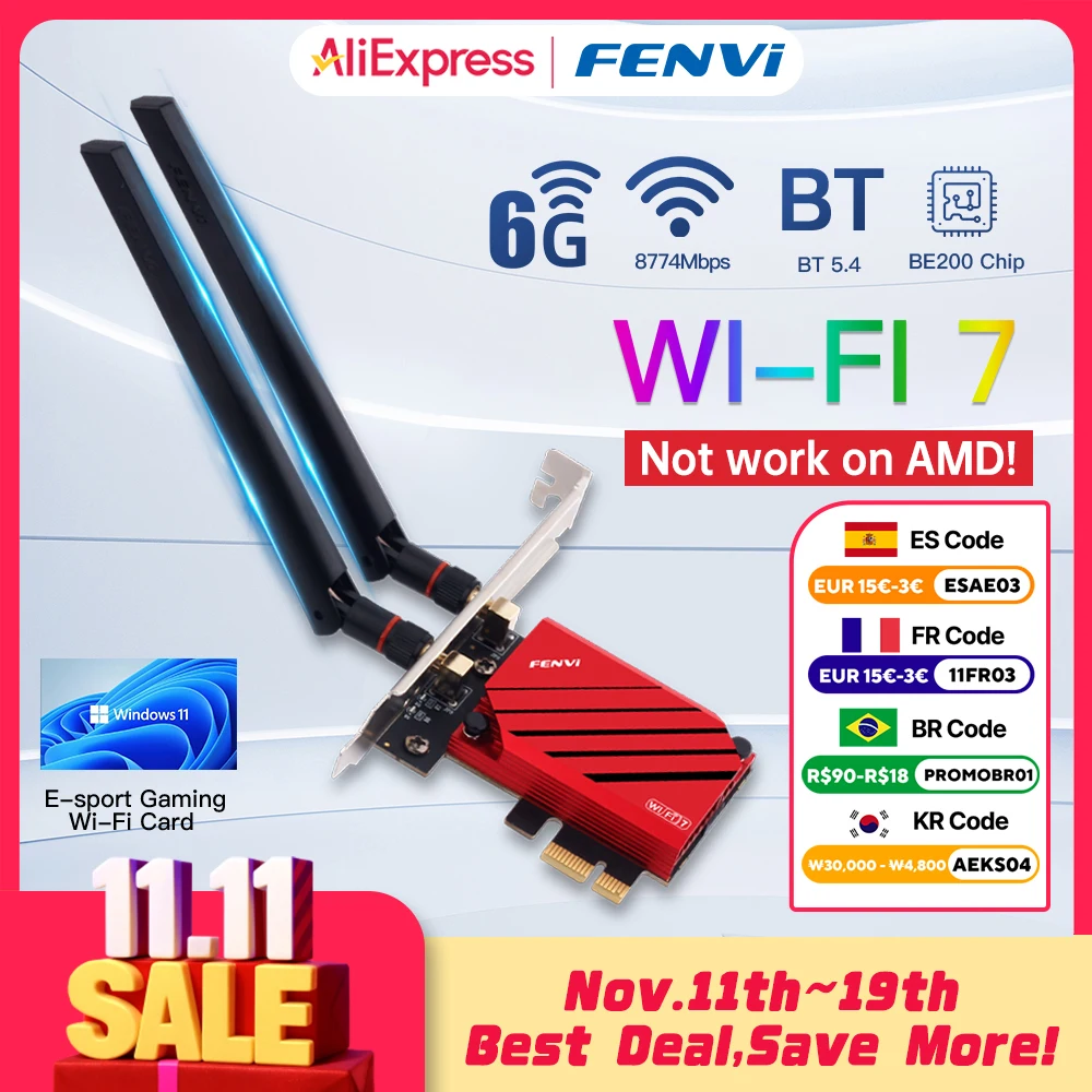 

fenvi WiFi 7 FV-BE8800 For Intel BE200 Pcie Wireless Adapter Bluetooth 5.4 Tri-band 2.4G/5G/6GHz Network Wifi7 Card 802.11be PC