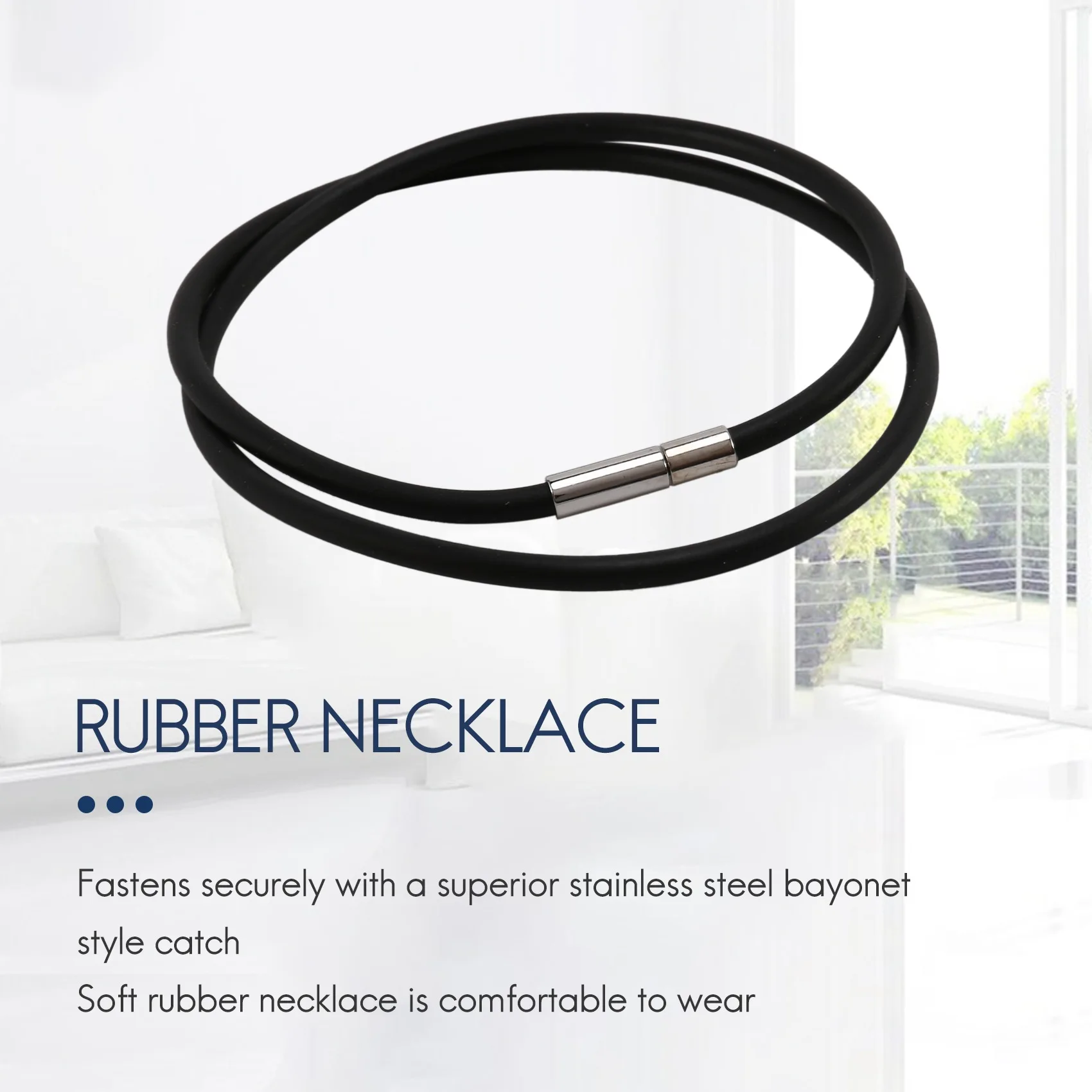 3Mm Black Rubber Cord Necklace with Stainless Steel Closure - 18 Inch