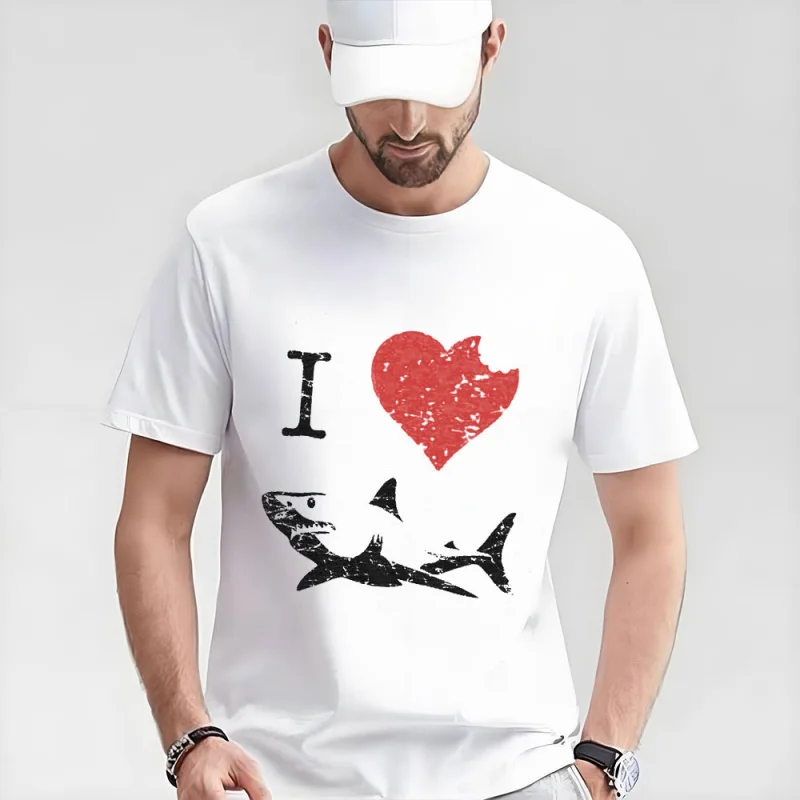 

I Love Sharks T Shirt Shark Bite Shirt Vintage Graphic Tee for men 100% cotton printed clothes All size Tops S-6XL
