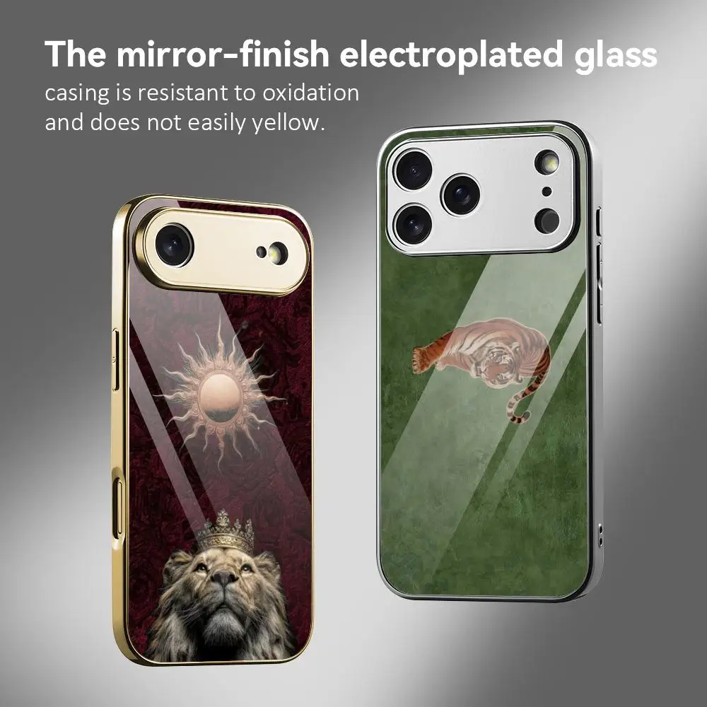 

fashion luxury retro tiger Phone Case For iPhone 17 16 15 14 13 12 Pro Max Plus Electroplated Metal Bumper Case Tempered