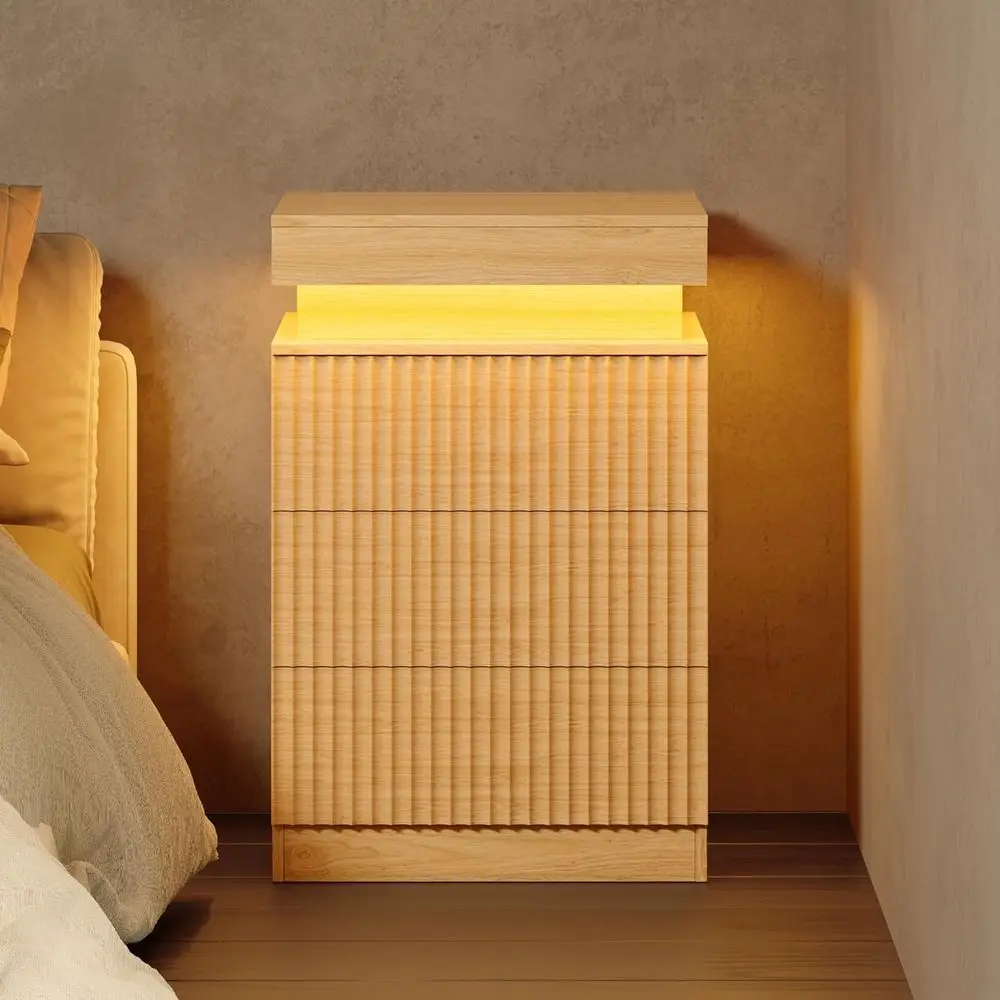 

Contemporary 3-Drawer Nightstand with LED Lighting and Charging Port for Bedroom