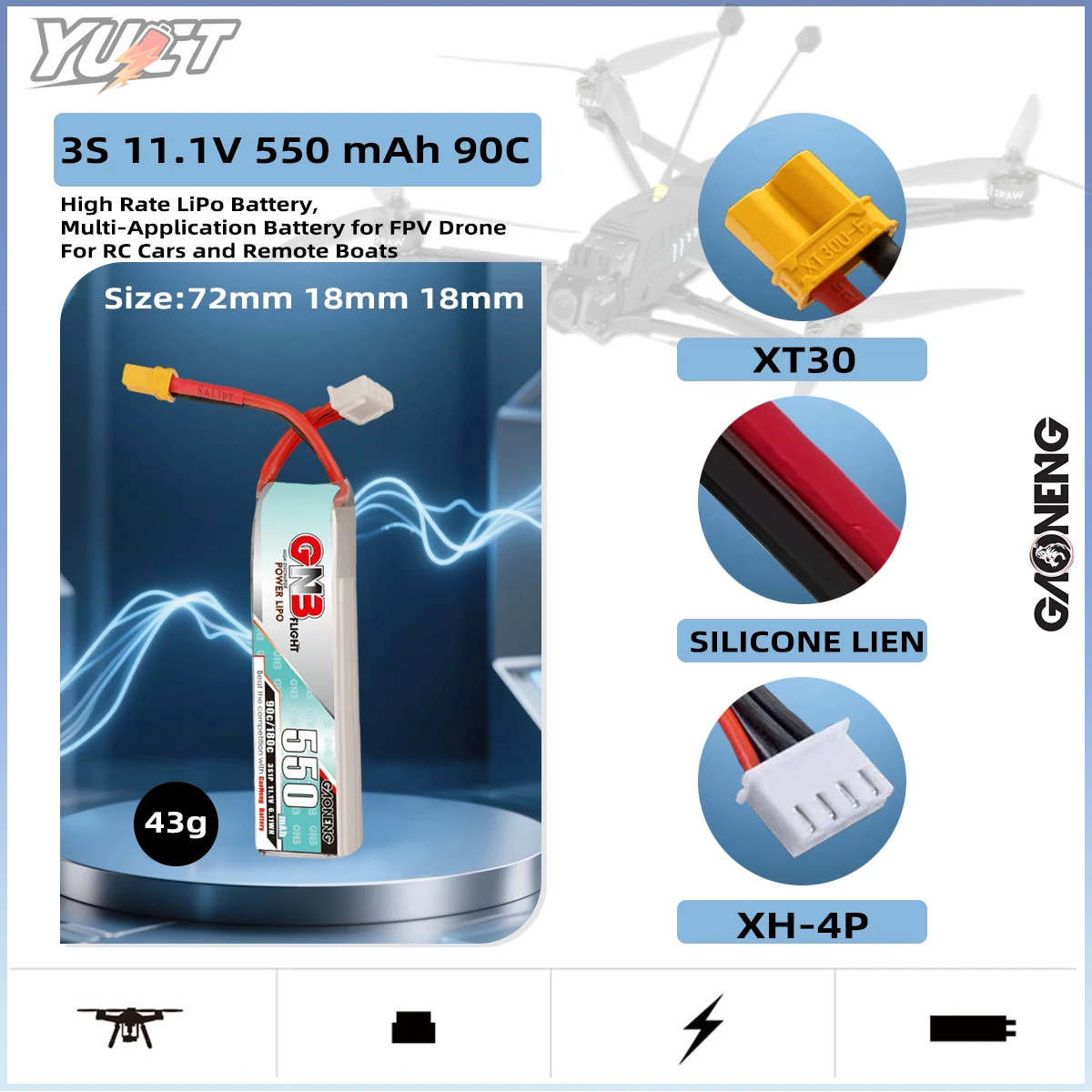 YUCT GAONENG GNB 3S 11.1V 550mAh 90C/180C Lipo Battery XT30 Plug For TINY8X QX2 120S Beta75S BetaFPV Drone Quadcopter Parts