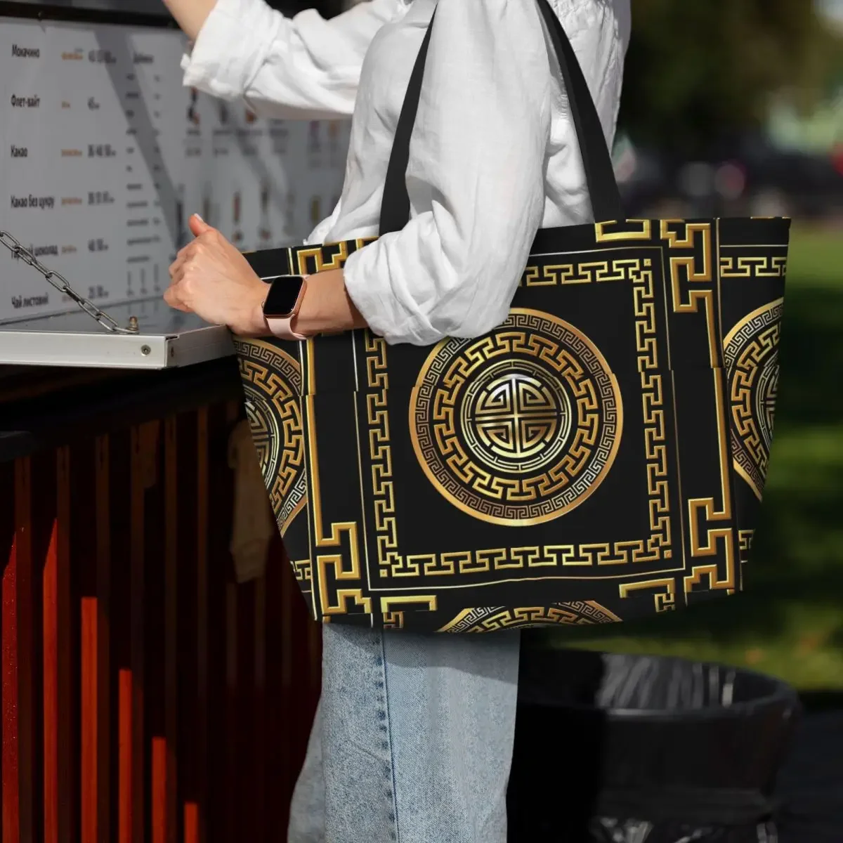 Greek Key Meander Black Gold Large Beach Tote Bag Sport Gym Yoga Duffle Large Tote Bag Women Travel Bag Fitness bag