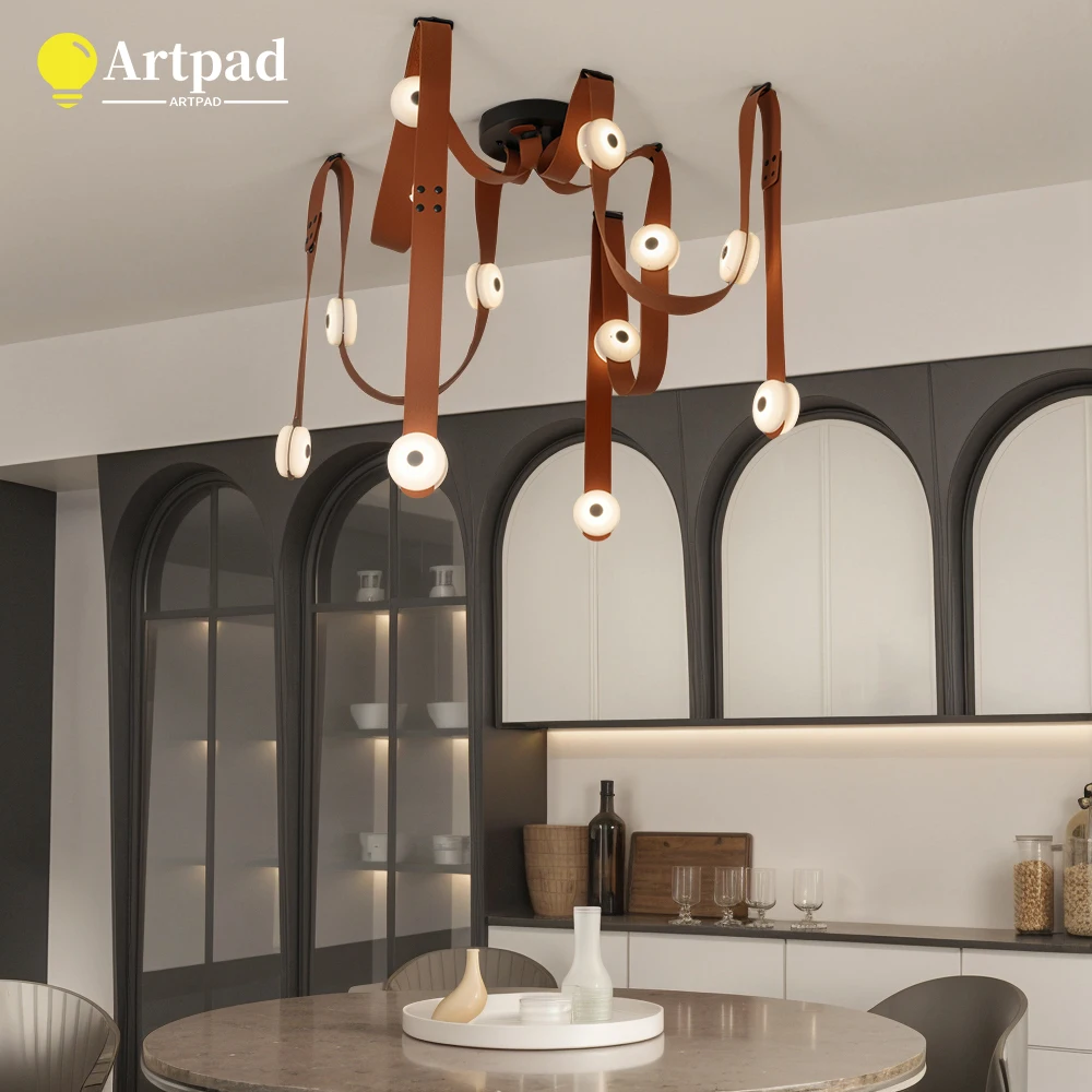 

Brown Belt Ceiling Chandelier With Faux Marble Shade For Living Room Bedroom Adjustable Modern Leather Strap LED Pendant Light