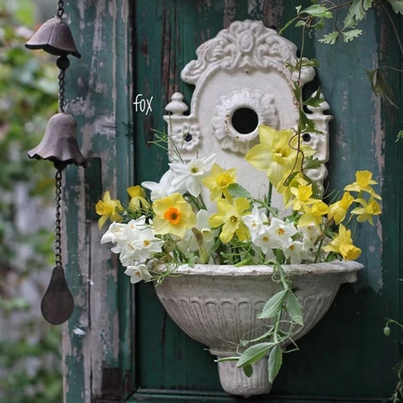 Fregadero de pared estilo granja francesa – Lavabo rústico vintage para decoración de jardín, fuente de agua de pared de hierro envejecido, jardín
