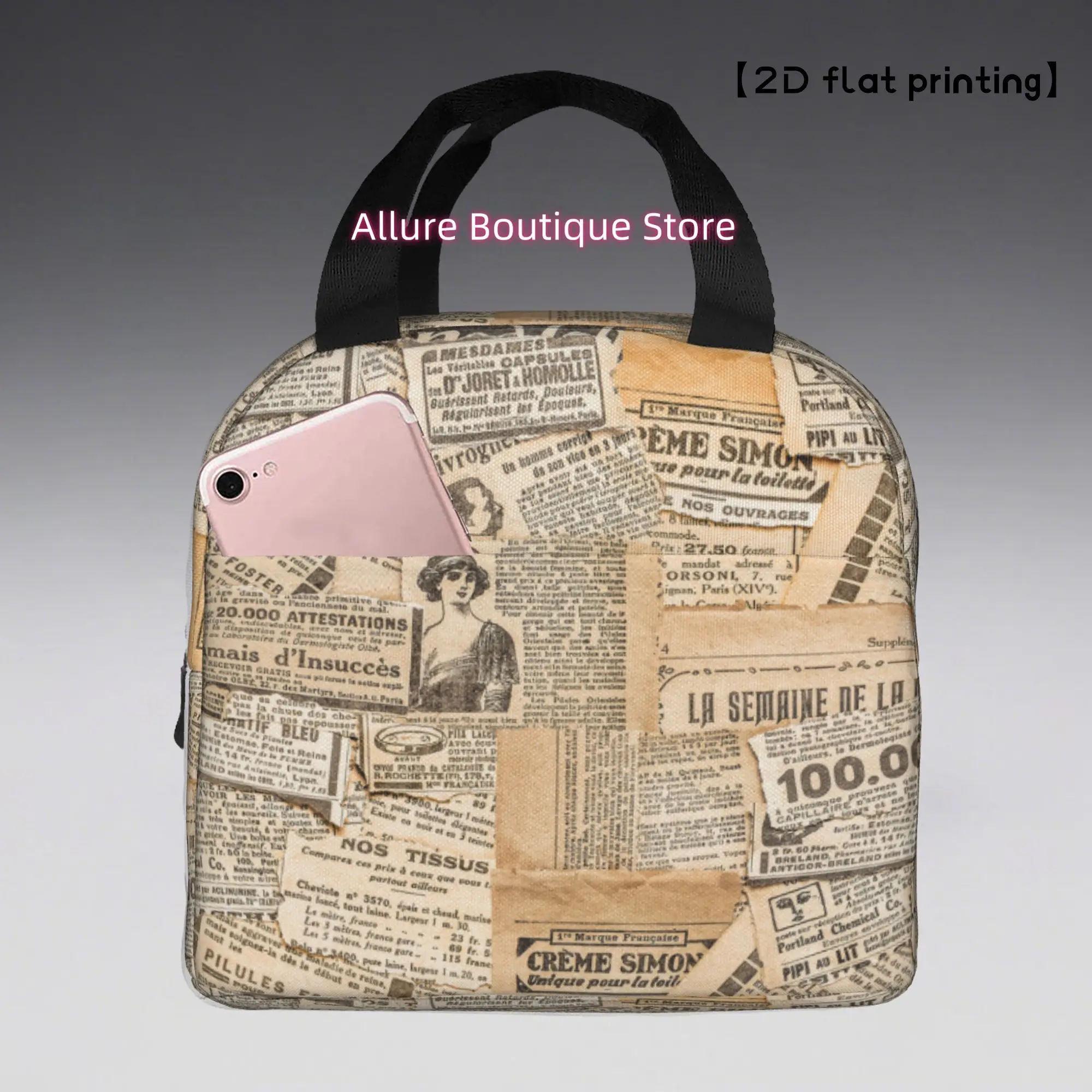 1pc Vintage Newspaper Collage Reusable Cooler Bag - Insulated Lunch Tote for Office, Beach & Outdoor, Durable Polyester Square D