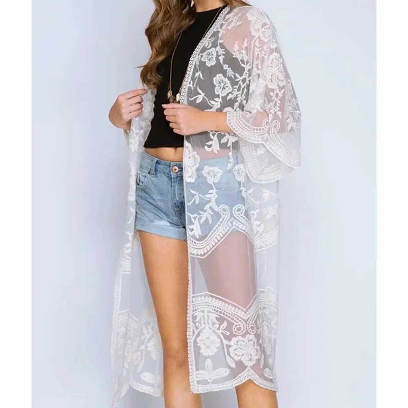 레이스 자수 비키니 커버업 여성 프렌치 스타일 우아한 루즈핏 얇은 자외선 차단 가디건 2025 신상 패션 섹시 여성 비치웨어