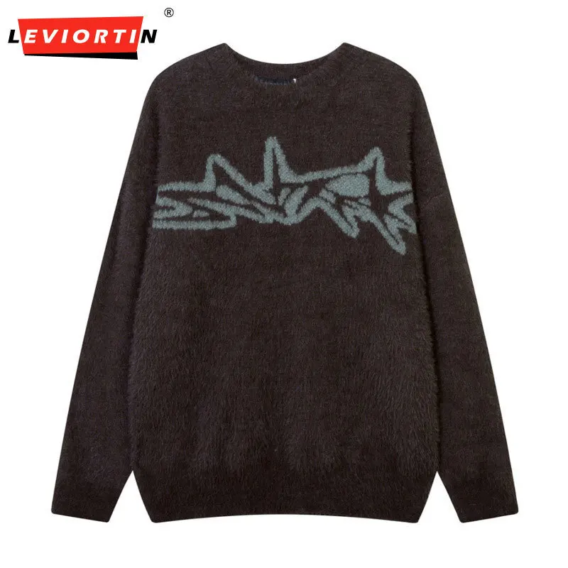 

Осень 2023, американский жаккардовый свитер с круглым вырезом и буквами, мужской свободный уличный пуловер в ленивом стиле, универсальный повседневный пуловер