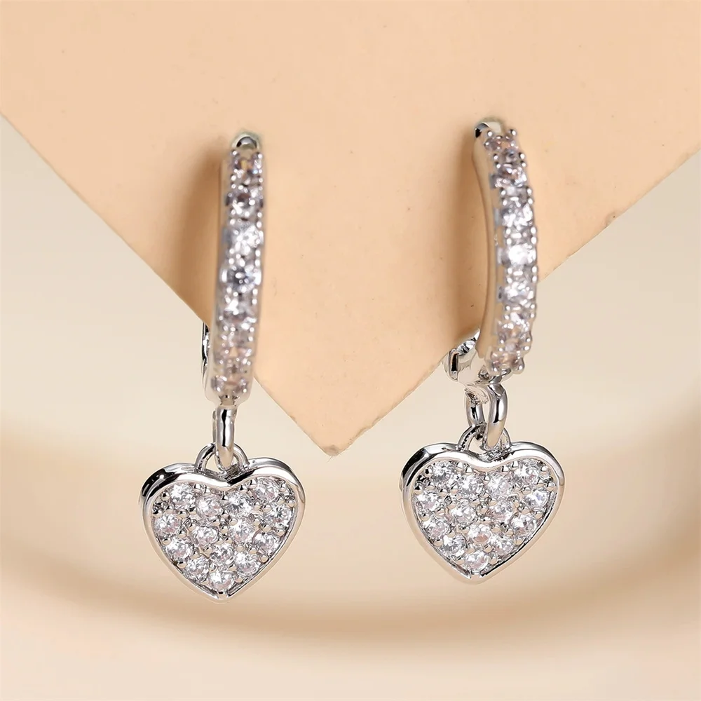 Love Heart Pendant White Zircon Stone Hoop Earrings For Women Rose Gold Silver Color Ear Buckle Wedding Jewelry Mothers Day Gift