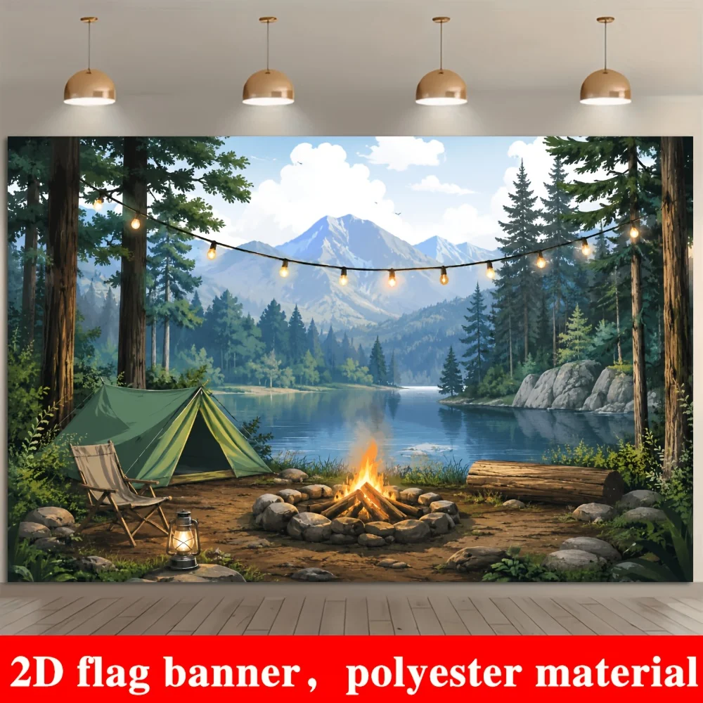 Camping Tent Lake Mountain Tapestry 2D Flat Outdoor Adventure Wall Hanging for Living Room Bedroom Nature Decor Fabric Poster