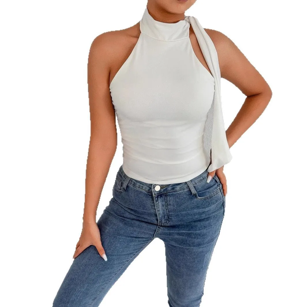 Sleeveless Tank Top Short Length Tops with Tie Detail Seam Construction Fitted Workwear Commuter Chic Women Tanks for Summer