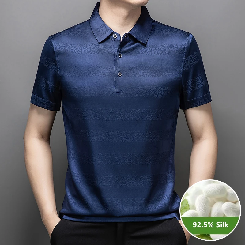 Striped Jacquard Blue Silk Polo Shirts For Men Short Sleeve Cool Summer Top Quality Soft Comfortable Gentleman Camisas De Hombre