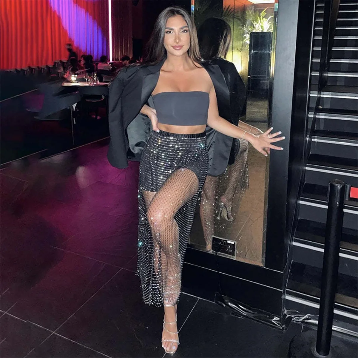 Falda de rejilla de diamante brillante de malla, Bikini transparente Sexy para fiesta en club nocturno, falda de rejilla para niña caliente