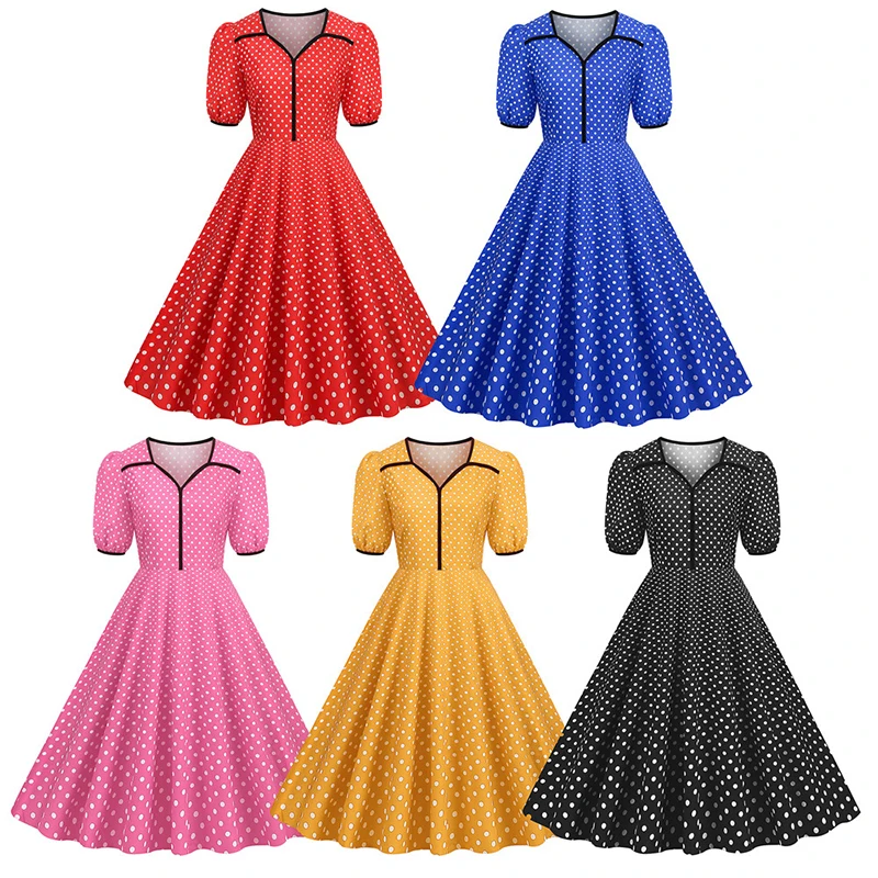 Polka Dot Gedruckt Vintage Große Schaukel Kleid Frauen Retro 50er 60er Swing Pin Up Rockabilly Cocktail Party Midi kleid Robe Vestidos