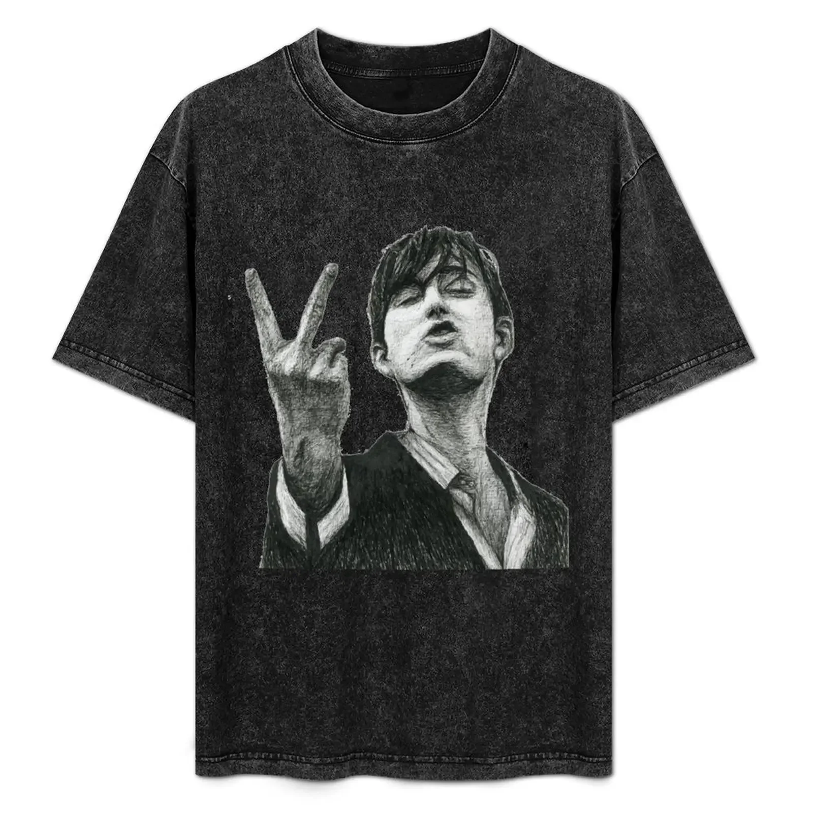 

Jarvis Cocker Outline V Sign Sketch with Autograph and Background -Iconic Jarvis Moment T-Shirt