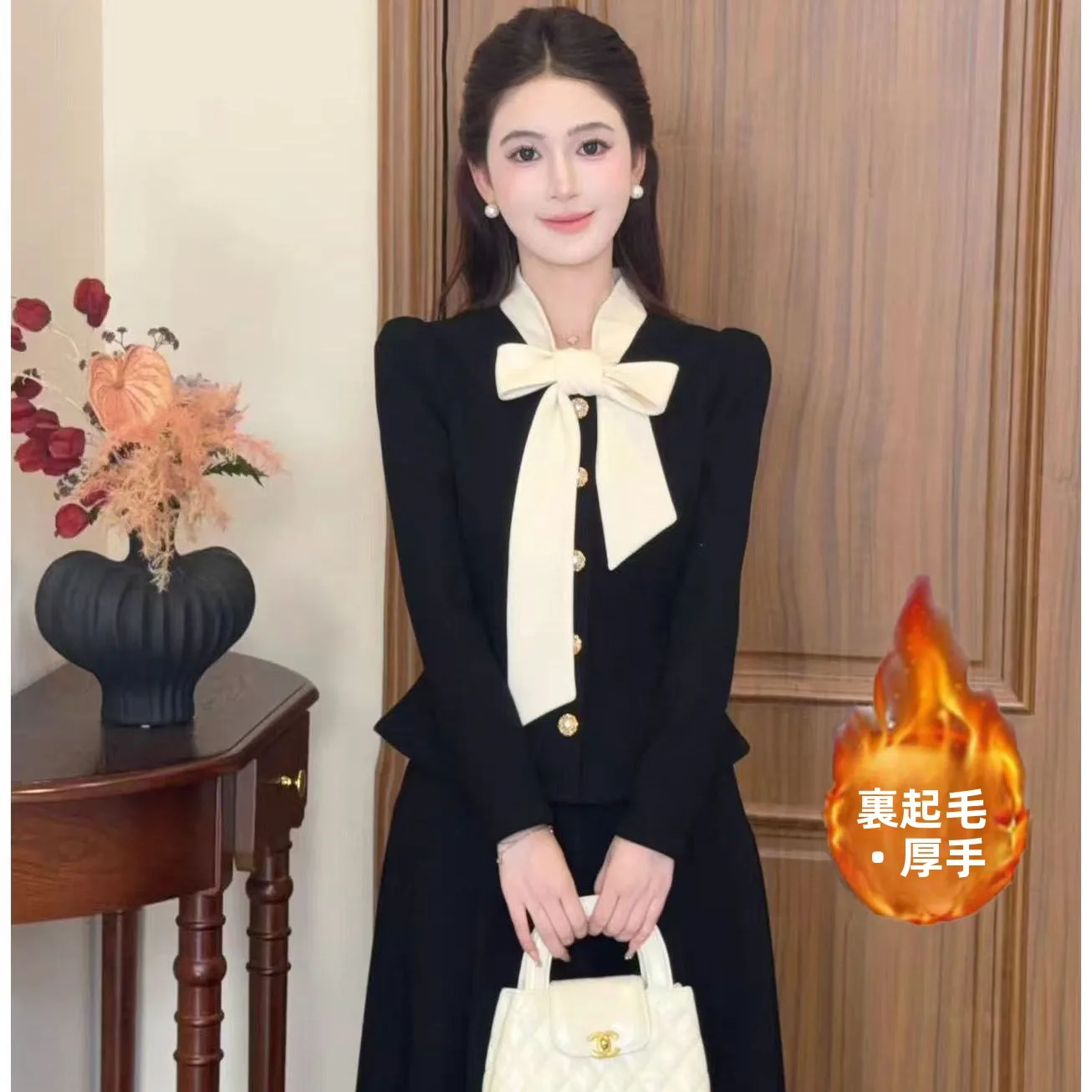 Slimming Effect Thickened Fleece Autumn Winter New Arrival Two-Piece Set Beautiful Gentle Rich Girl Style  Knot Fash...