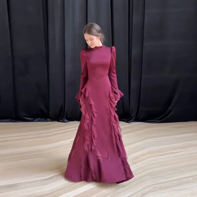 

Burgundy Mermaid Evening Dress Ruffled Long Sleeve Waist Slimming Formal Women Robes Elegant Ruched Vestidos de Noche