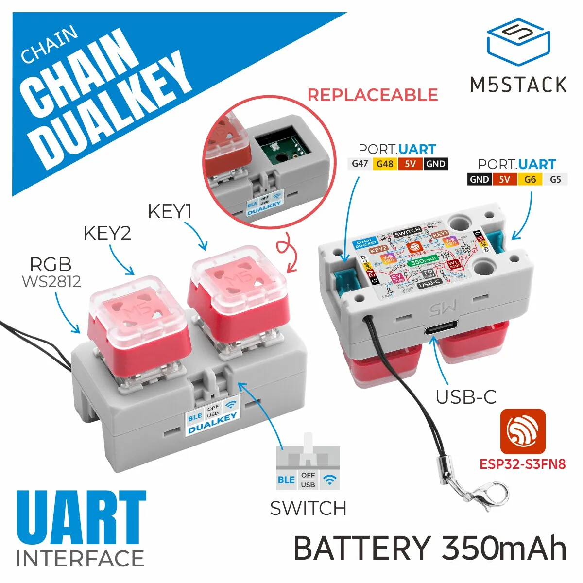 Chain DualKey ESP32-S3 Programmable Board Double Button Input Development Kit for Electronics Projects