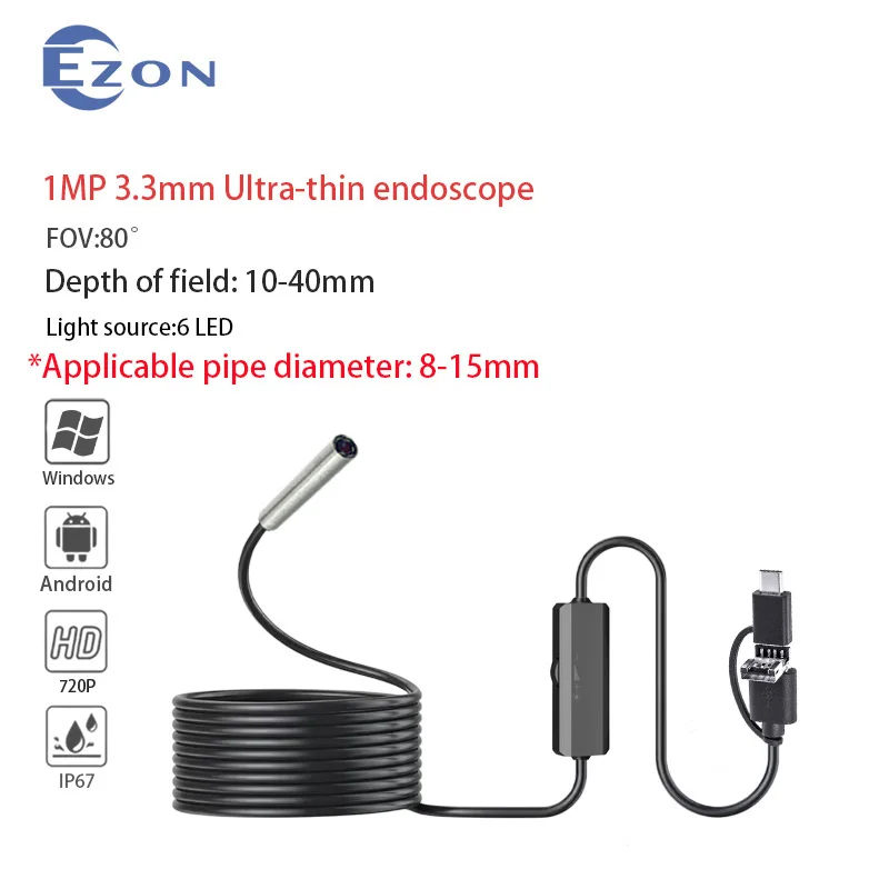 

1 МП 3,3 мм 80 ° Промышленная эндоскопическая камера для проверки трубопровода 1,5 м USB Type-C Android 3-в-1 с мягким шнуром, эндоскопический зонд