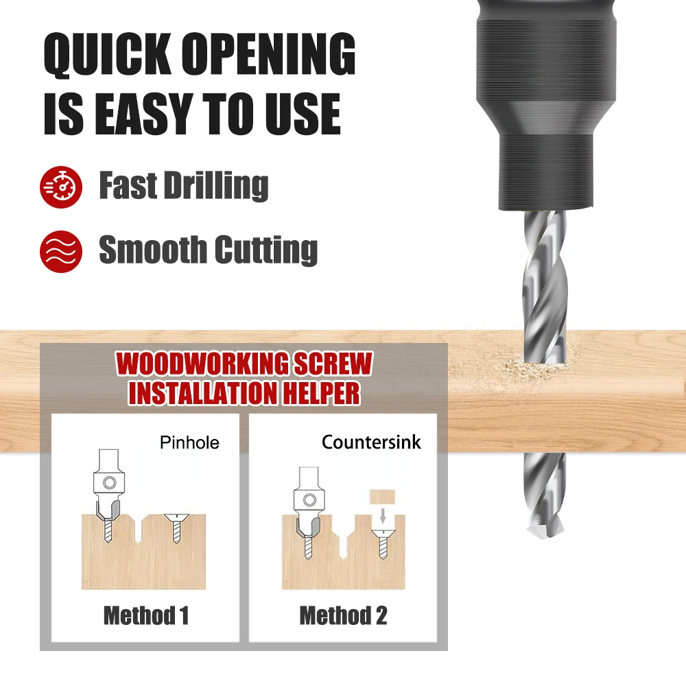 XCAN Juego de brocas avellanadoras de 5 piezas, orificio piloto de perforación de vástago hexagonal de 1/4" con llave en L # 5 # 6 # 8 # 10 # 12 para herramientas de carpintería de bricolaje