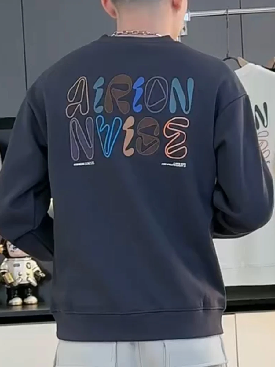 

Мужской модный свитшот с вышитым буквенным узором, на флисовой подкладке, с длинными рукавами и круглым вырезом, осенне-зимняя новинка