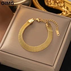 OIMG 316L Stainless Steel Gold Color Woven Mesh Chain Bracelet & Bangle For Women Girl Not Fade Simple Punk Jewelry
