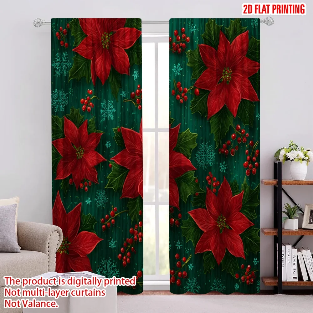 

2pcs,2D plane printing Curtain Popular Red Poinsettias_ Holly_ Snowflakes & Ornaments Versatile Durable Polyester (without rod)