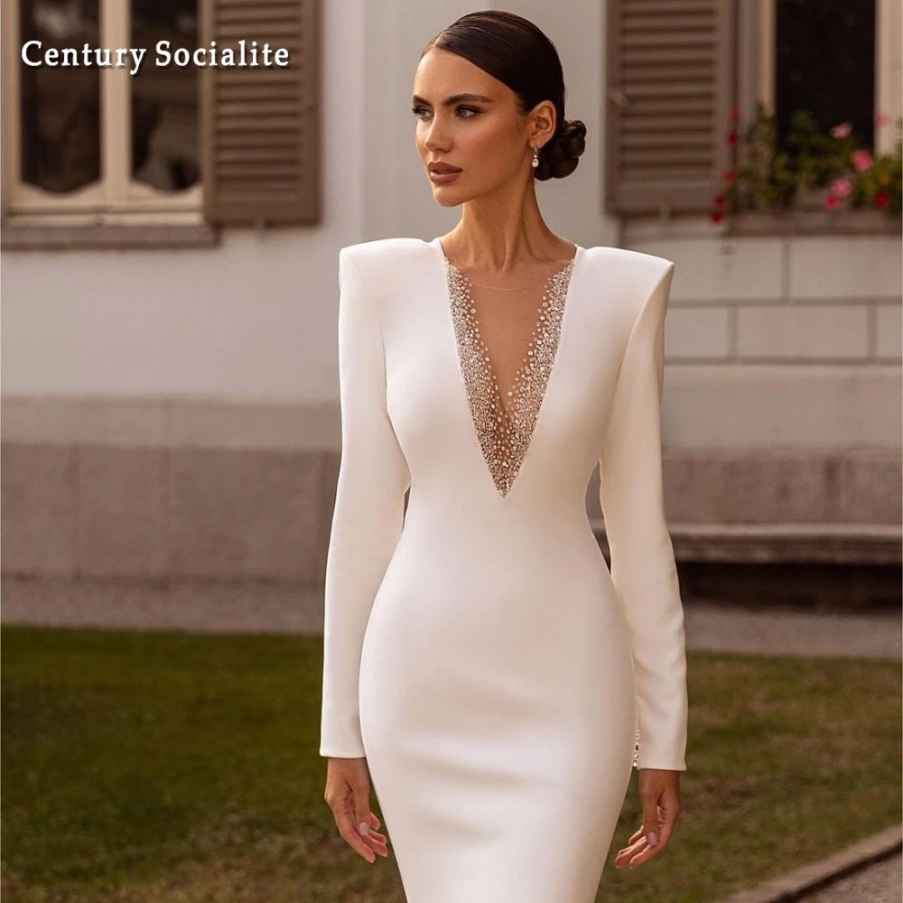 

Beaded ELegant Wedding Dress Mermaid Long Sleeve Sheer Neck Crepe Bridal Gowns Vestido Novia Sirena 2025 Customized