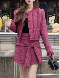 Winter French Fashion Retro 2 Piece Set Women Chic Solid Coat + Bow Slim Skirt New High Sense Elegant Aesthetic Casual Suit 2024