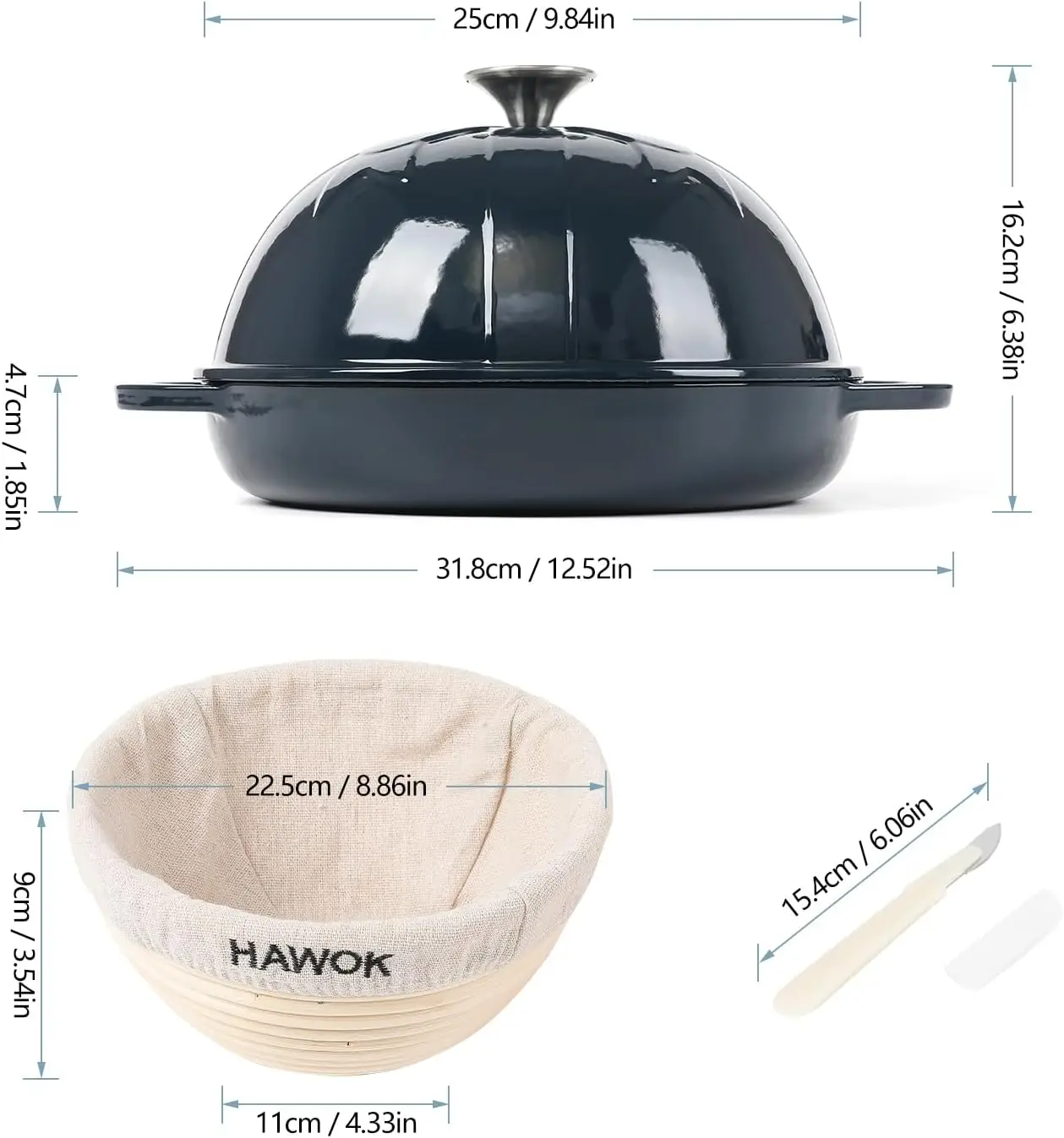 Cast Iron Bread Oven with Cloche Lid, Dia. 9.8inch/25cm, 1.5qt, with Proofing Basket and Dough Scoring Knife, Sourdough Baking P