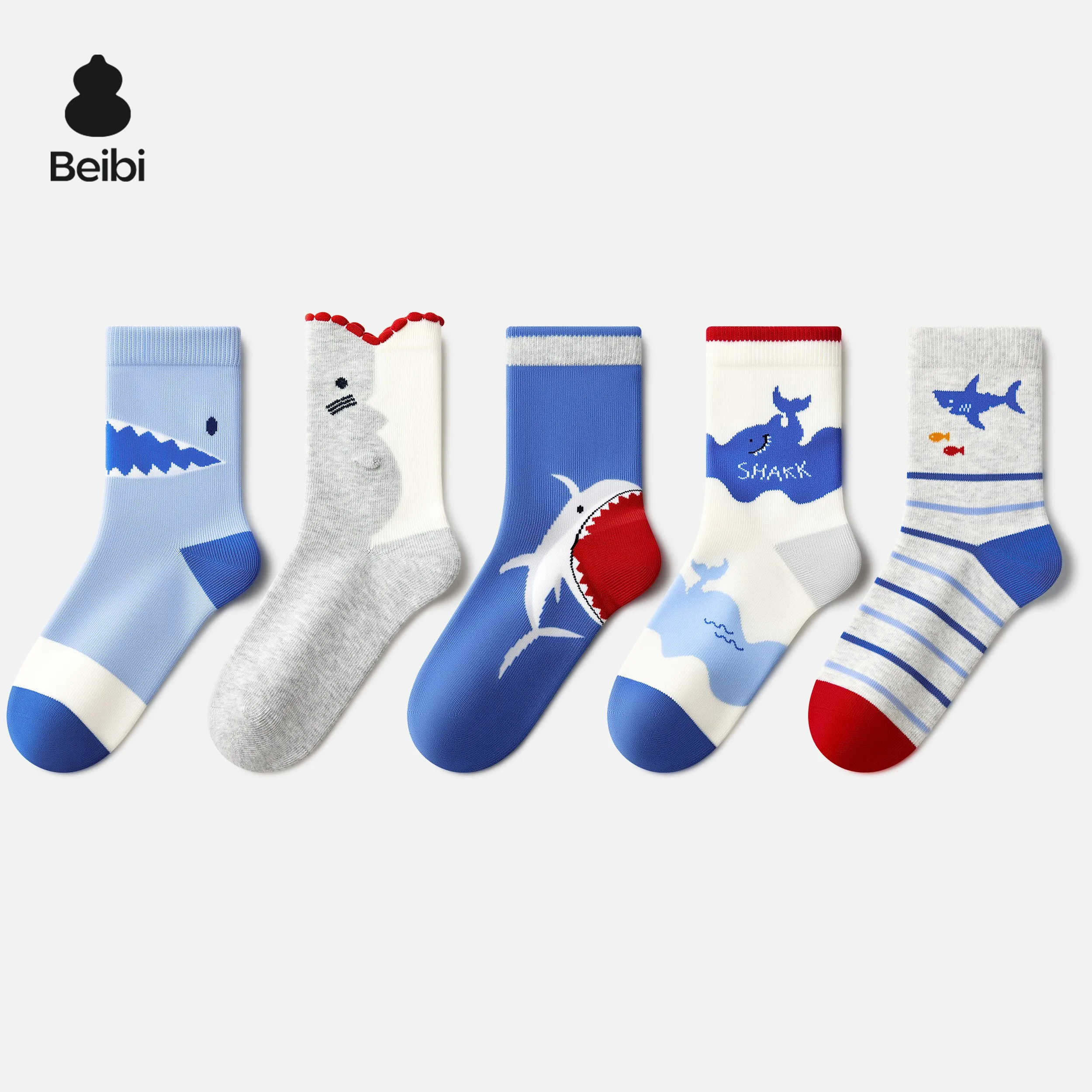 Beibi 5-Pack Boys Mid-Calf Socks Cartoon Shark Pattern Warm Autumn Winter Creative Children's Socks Suitable for Ages 3+